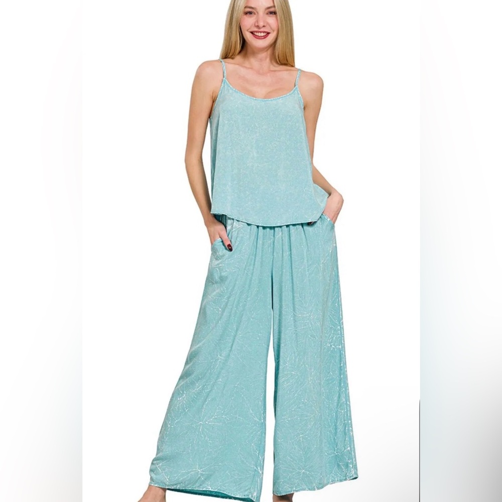 Zenana Woven Acid Crinkle Wash Cami & Pants